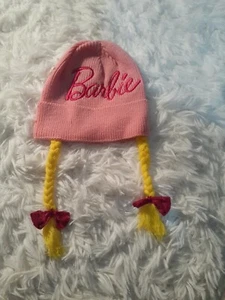 Knit Winter Barbie Hat With Long Braided straps with bows Barbie Large Logo New - Picture 1 of 6
