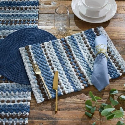 2 Becca Chindi Heavy Woven Cotton Blue Brown Country Placemats 13x19 - Image 1 of 3
