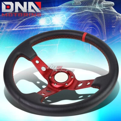 VOLANTE DE CORRIDA ESPORTE COURO PVC PRETO 350MM T-6061 6 PARAFUSOS ACABAMENTO VERMELHO - Imagem 1 de 4