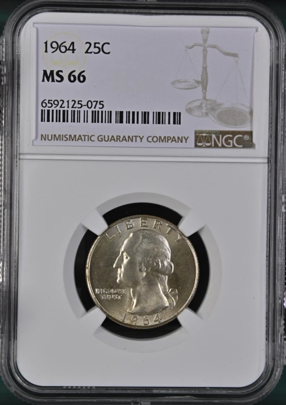 :1964-P S25C WASHINGTON QUARTER NGC NEAR SUPERB BU MS 66 RARE R3 HIGHEST GRADES - Image 1 of 2