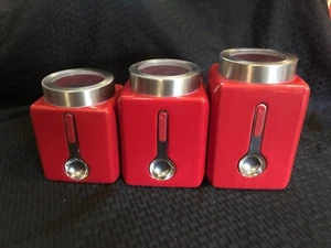 Vintage JCP Home COOKS Magnetic Spoon 3 piece Canister Set Red w/ Clear Lid - Picture 1 of 6