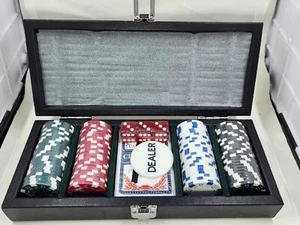 Vintage Black Wooden Leather Box Poker Chips Set Sealed - Picture 1 of 2