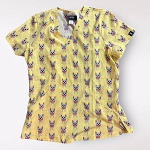 Women’s FRENCH BULL By Koi Yellow Dog F101PR Scrub Top Size Small - Picture 1 of 5