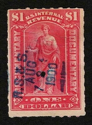 US Revenue 1900 R182 Documentary $1 Carmine Commerce Tax Stamp Cut Cancel Used - Image 1 of 2