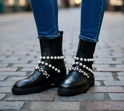 ZARA Size 38 US 8 Black Ankle Boots Pearls Studs R $178 - Image 1 of 4