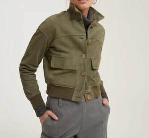 Womens Leather Jacket  Olive Green Bomber Pure Suede Jacket Size S M L XL XXL - Picture 1 of 9