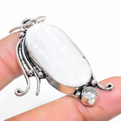 Selenite, Topazio Bianco Gemma Argento Sterling 925 Ciondolo Gioielli 6cm - Immagine 1 di 4