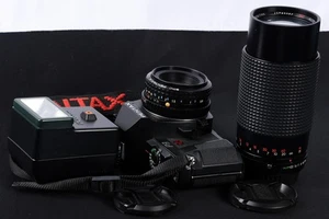 Pentax P3 Black 35mm Film SLR c/w 50/2, 80-200/3.9 Lens f/ & AF200SA Flash Kit - Picture 1 of 14