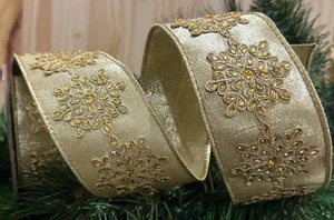 Sparkling Gold Snowflake Faux Dupion Jewel Ribbon Christmas Wreath Accent Crafts - Picture 1 of 8