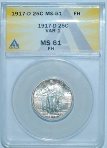 1917 D ANACS MS61FH Full Head Type 1 T1 Standing Liberty Quarter 25c - Picture 1 of 2
