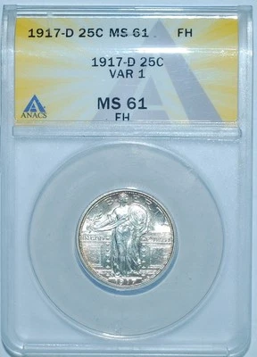 1917 D ANACS MS61FH Full Head Type 1 T1 Standing Liberty Quarter 25c - Image 1 of 2