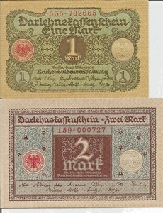 Deutschland 1 Mark und 2 Mark Stempelglanz. Satz 1920 Banknoten # 1 - Bild 1 von 2