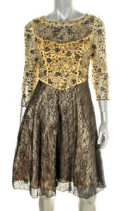 Sue Wong ~ Yellow Satin Black Lace Beaded Cutout Back Flare Party Dress 6 NEW - Picture 1 of 12