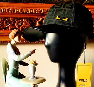 Fendi FF Monogram Baseball Cap Hat Leather Trim Monster Eyes Black Jacquard. - Picture 1 of 1