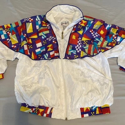 Chaqueta cortavientos vintage Primrose para mujer blanca mediana geométrica Janeve Foto 1 de 4