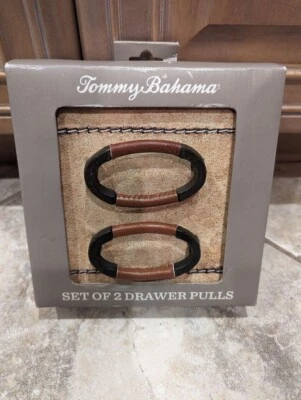 TOMMY BAHAMA Leather Wrap Metal Drawer Cabinet Pulls Knobs Set of 2 NIB - Image 1 of 2