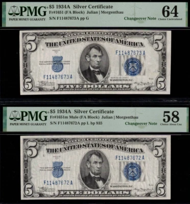1934A $5 Silver Certificate PMG 64 Changeover FA Block Mule / None-Mule Fr 1651 - Image 1 of 4