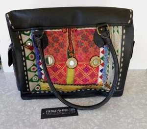 Vintage Addiction Black Leather & Vintage Fabric Laptop Tote Bag NWT OOAK New - Picture 1 of 10