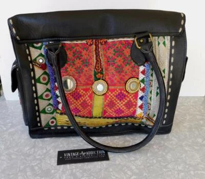 Vintage Addiction Black Leather & Vintage Fabric Laptop Tote Bag NWT OOAK New - Image 1 of 4
