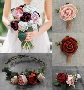 Ramo de novia rosa borgoña rubor madera sola dama de honor boda flores graduación - Imagen 1 de 23