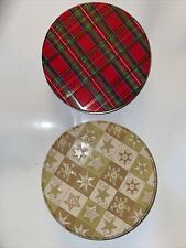 New Lot 2 Cookie Treat Tins Round 2” X 6.5" Stars And Red And Green Tartan Plaid