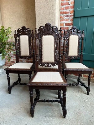Set 4 Antique French Dining Chairs Renaissance Carved Oak Bird Black Forest - Image 1 of 4