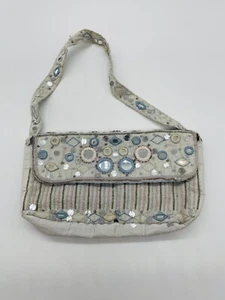 Moyna Cloth Silk Handbag w Sequin Mirrors Purse Shoulder Strap Gray Blue 12 X 7 - Picture 1 of 18