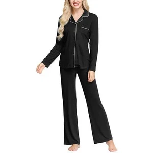 INK+IVY Damen Viskose Langarm Knopfleiste Oberteil & Hose Pyjama Set Schwarz Größe S - Bild 1 von 3