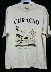 90s XXL Curacao T-shirt Cotton made in USA Ivory with Islands Sailboat Dolphins - Picture 1 of 5