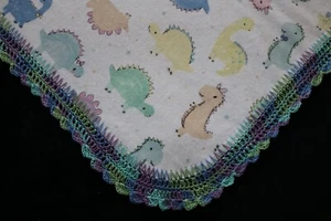 Receiving Blanket Hand Crocheted Edge New Baby Shower Gift Boy's DINOS PASTELS! - Picture 1 of 7