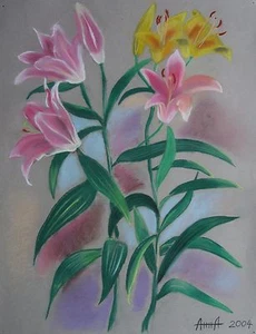 Study Of Pink And Yellow Lily Flowers, Original Pastel Drawing - Picture 1 of 2