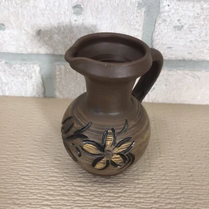 Studio Art Pottery Hand Thrown Small Jug Pitcher 4" Browns Floral Daisy Unmarked - Picture 1 of 9