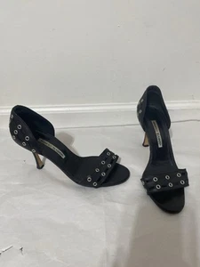 Manolo Blahnik Heels Open Toe Black Leather Shoe Eyelet Silver Cutout Vintage - Picture 1 of 10