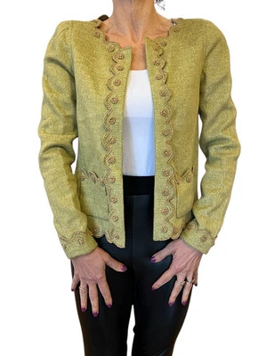 De colección. OSCAR DE LA RENTA Chaqueta Blazer Bordada Abierta Cachemira Verde Claro Pequeña Foto 1 de 4