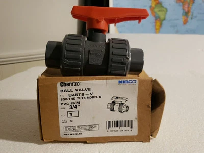 Chemtrol Nibco 3/4" U45TB-V Ball Valve SOC/THD TUTB Model D PVC FKM Flow Stop  - Image 1 of 4