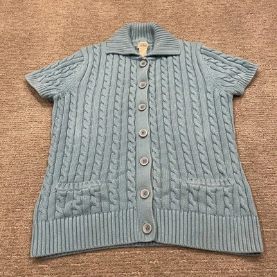 LL Bean Sweater Womens Large Cable Knit Short Sleeve Button Cardigan Pockets * - Image 1 of 4