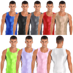 Mens Glossy Smooth Tank Top Stretchy Sleeveless Vest Yoga Gym Fitness Crop Shirt