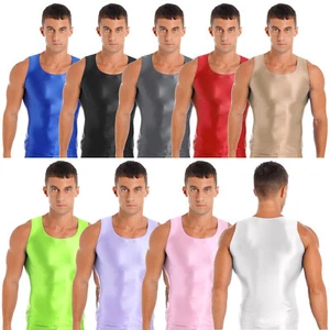 Mens Glossy Smooth Tank Top Stretchy Sleeveless Vest Yoga Gym Fitness Crop Shirt - Picture 1 of 108