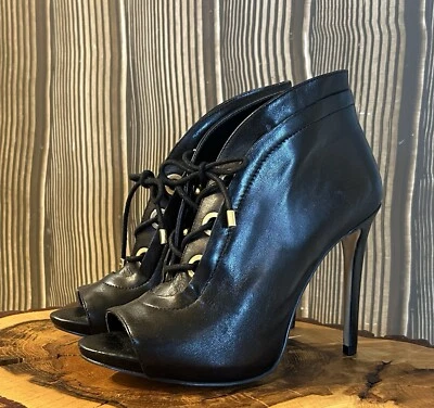Guess Heels Lace Up Peep Toe Ankle Booties Black Buttery Leather Stilettos 7.5M - Image 1 of 4