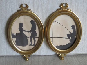 VTG Set 2 Plastic Oval Paper Silhouette Courting Couple Gold Frames 6.5" READ - Picture 1 of 24