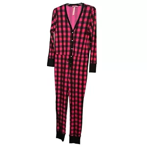 Victoria's Secret Thermal One Piece Pink Black Plaid V Neck Pajamas Womens L - Picture 1 of 5