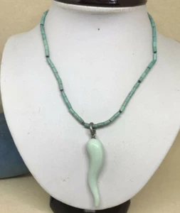 CORNETTO PORTAFORTUNA 6,5 CM ARGENTO SMALTO E COLLANA TUBICINI TURCHESE NATURALE - Foto 1 di 11