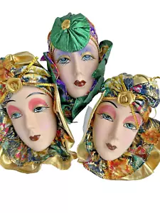 Set of 3 Vtg Mardi Gras Porcelain Ceramic Painted Wall Hanging Face Mask - Picture 1 of 9