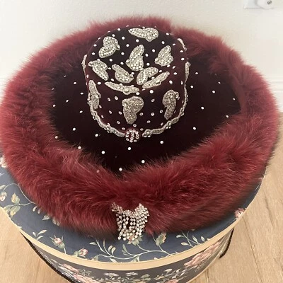 Luxury Vtg Kokin Red Real Fur Rhinestone Wide Brim Formal Church Hat, Party - Image 1 of 4