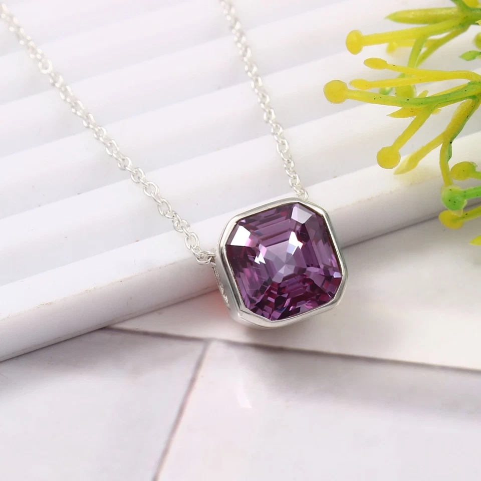 9x9MM Violetto Spinello Taglio Asscher Ciondolo, 925 Argento, Birthstone Agosto - Immagine 1 di 4