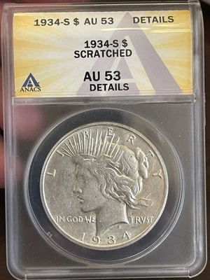 KEY DATE ~ 1934 S Peace Silver Dollar ~ AU 53 Details $1 - Image 1 of 2