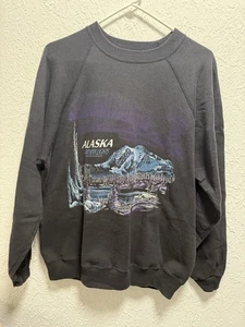 Vintage Hanes USA Alaska Northern Lights Sweatshirt XL Black Graphic Crewneck - Picture 1 of 6
