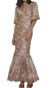 Vestido Dorado Halcón Napa Volantes Capri Seda Maxi Talla Pequeña Nuevo con Etiquetas $405 Boho Paisley - Imagen 1 de 7
