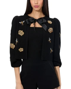 Cardigan donna Alice + Olivia nero gattino ape corona ricamato taglia media - Foto 1 di 5