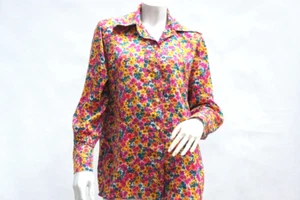 Vintage 60s Bright Floral Print Barkcloth Blouse - Picture 1 of 6